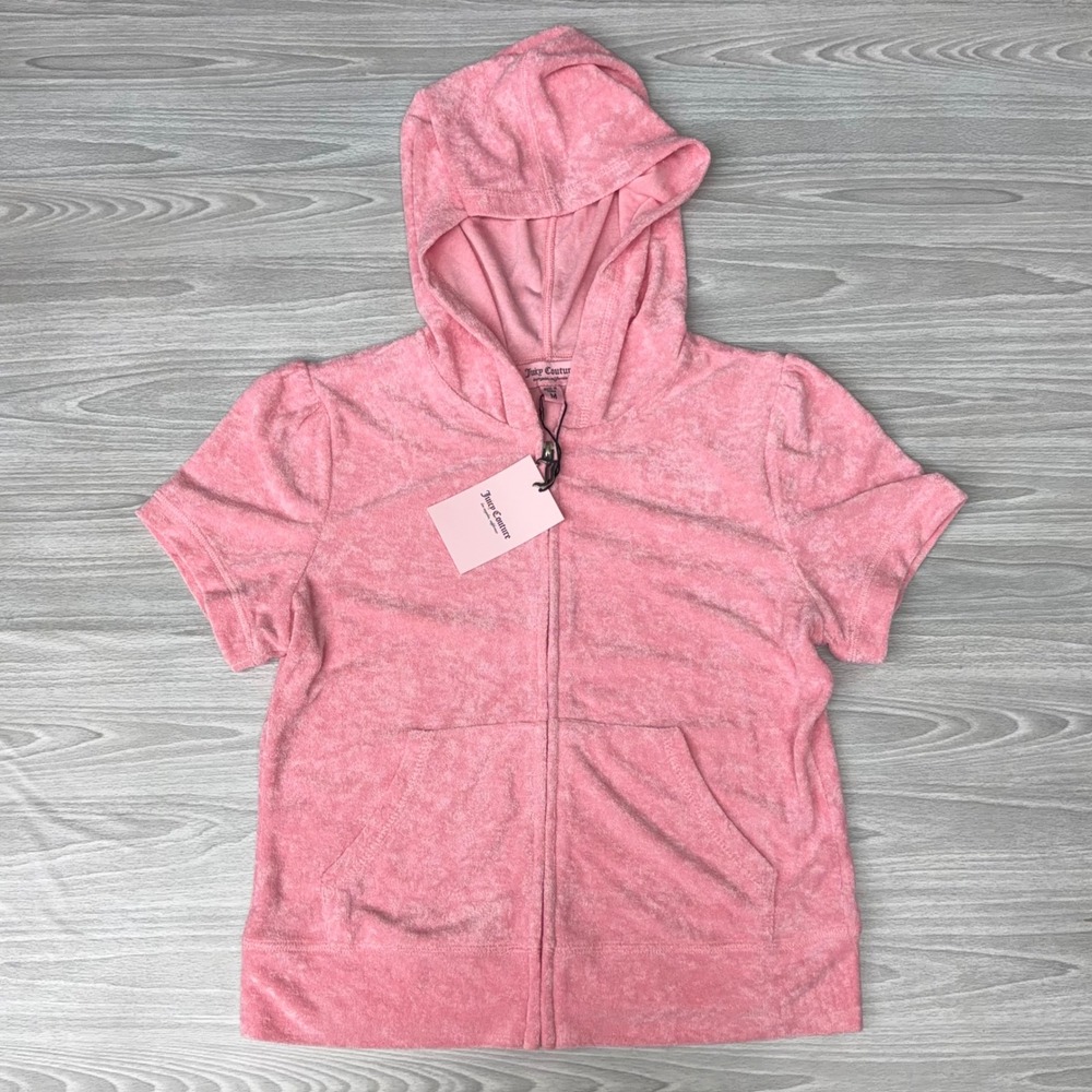 Juicy Couture Flamingo Pink Velour Short Sleeve Rhinestone Hoodie‎ M 110042029